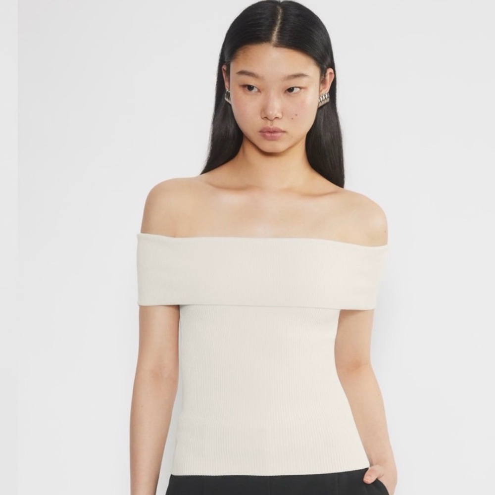 NWT Aritzia Babaton Sculpt Knit Off-Shoulder Top, Light Birch, Size L